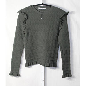 Zara Ruffle Sleeve pointelle knit sweater dark green